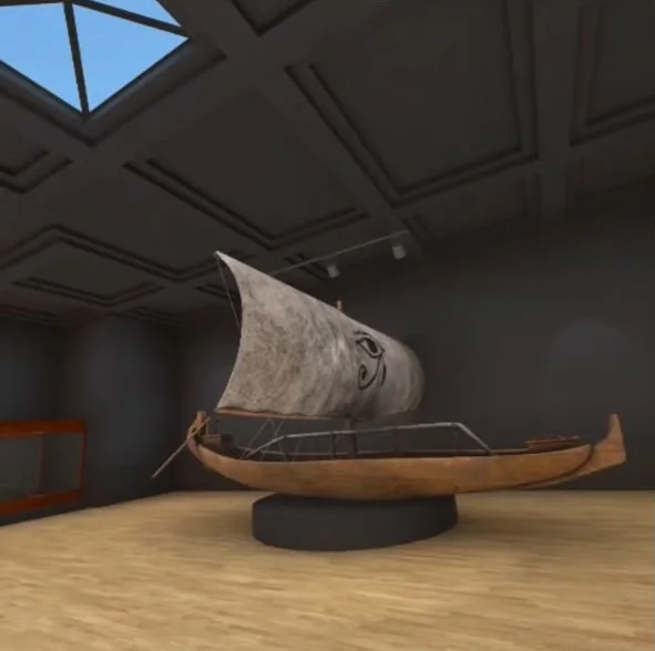 قارب فرعوني معروض في قاعة المتحف في لعبة Egypt VR