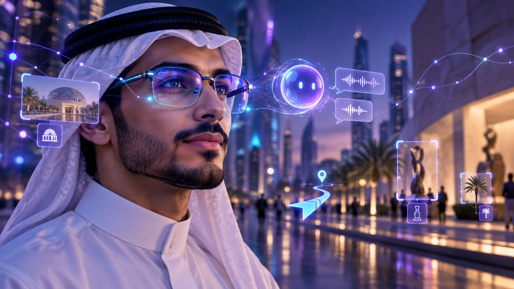 تصور لمساعد ذكي في نظارات ذكية يرشد مستخدمها في المدينة ويتعرف على المعالم من حوله